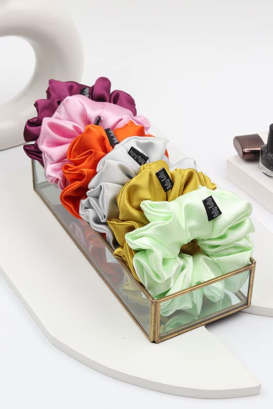 Image of Premium Satin Scrunchies for Women | Hair Bands, Ponytail Holders & Rubber Bands | Oversize, Fluffy, No-Damage Hair Ties | Girls Hair Accessories | Extra Large Size | Pack of 6