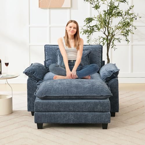 Image of Oprisen 53 inch Modular Sectional Sofa, Comfy Cloud Couch Sectional Sofa with Ottoman, Chenille Sofa Sleeper Deep Seat Sofa with Throw Pillows for Living Room (Blue)