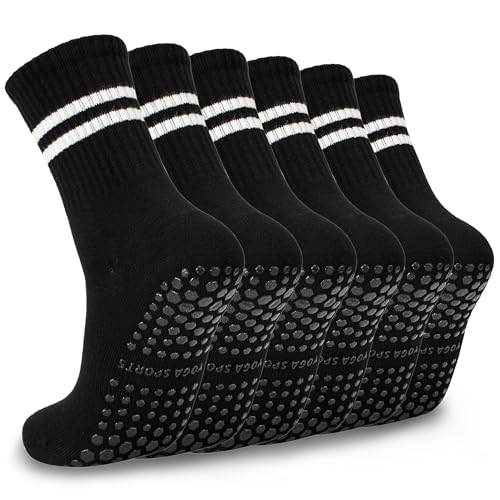 Image of 6 Pairs Pilates Socks with Grips for Women, Non-Slip Yoga Striped Crew Socks for Barre Hospital Workout