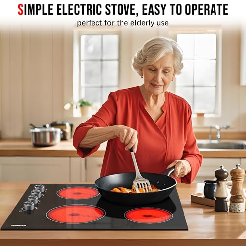 Image of Karinear 24 Inch Electric Cooktop 4 Burners Electric Stove, Knob Control | 6000W High Power Radiant Ceramic Cooktop, Built-in Design, 220-240V Hardwire, No Plug, Overheat Protection(Silver Knob)
