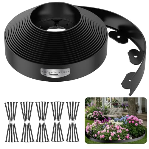 Ergohortus Rasenkante and Beeteinfassung 10m Flexible Gartenkante aus Kunststoff (5cm hoch) mit 50 Erdspießen für Beetbegrenzung Mähkante Rasenkanten & Beetabgrenzung Schwarz