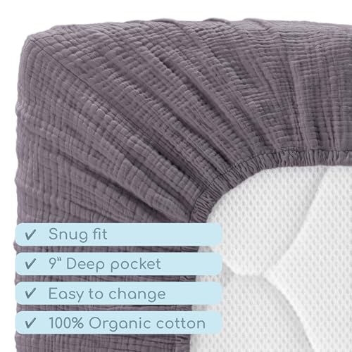 Image of Muslin Crib Sheets, 100% Organic Cotton, Breathable and Ultra-Soft, Standard Crib Sheet Mattress (28 inchx 52 inch) for Girls and Boys, Neutral Fitted Baby Crib Sheet (Dark Grey)