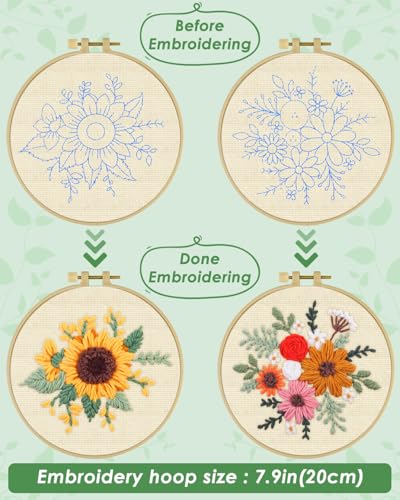 Image of ERKOON Punch Needle Kit Adults Beginners, 2 Pcs DIY Easy Flower Embroidery Set for Starter Art Craft, Needling Punching Project with Patterns, Tools, Yarns, Hoop, Instruction (Colorful Flowers)