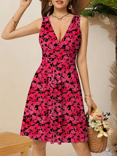 Image of OURIN Women's Spring Deep V Neck Sleeveless Floral Sundresses with Pockets Flowy Summer Dresses for Women