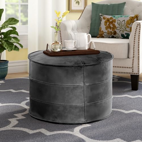 Divanus レザーオットマン、ハンドメイドぬいぐるみスクエアオットマン、本革プーフ、フットレストプーフ、リビングルームとベッドルーム用の快適なソフトシート(グレー、ラウンド) [4]