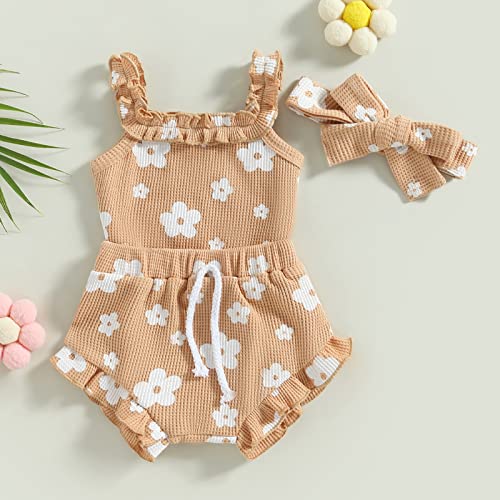 3pcs Toddler Girls Summer Outfits Ribbed Halter Crop Top Romper Bodysuit +Floral Bloomer Shorts+Headband Clothes Set3