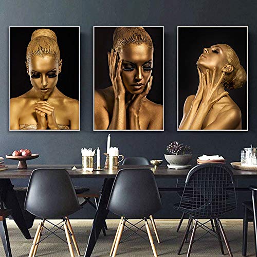 Peinture Figure Femme Noire et Or sur Toile Premium de Décoration Murale 50x70cm