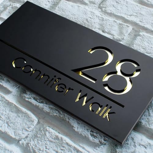 Placa de números de casa personalizada para exteriores – Placas de dirección de número de casa 3D con corte láser personalizado con nombre de calle (color negro dorado)