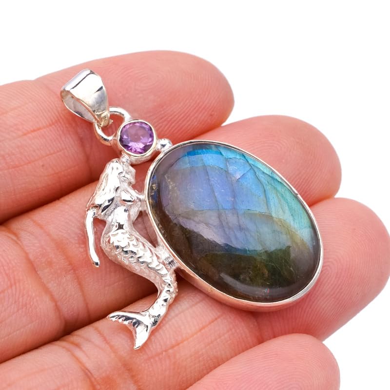 Pendentif Améthyste et Labradorite Bleue en Argent - Idée Cadeau Sirène - 3