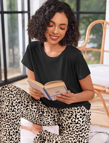 Image of Ekouaer Pajama Sets for Women Round Neck Pjs Short Sleeve Sleepwear with Long Pants Loose Lounge Sets