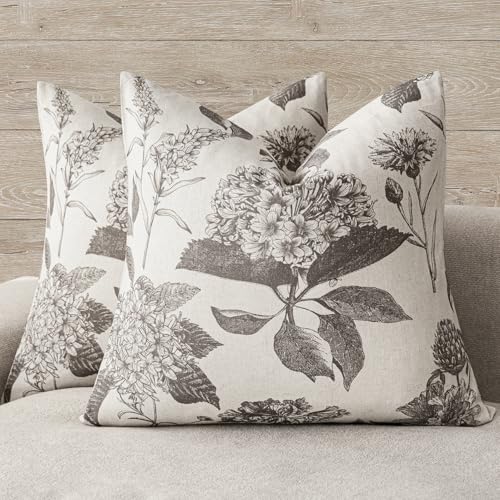 Image of Foindtower Set of 2 Linen Floral Vintage Throw Pillow Covers Neutral Accent Decorative Cushion Covers Farmhouse Boho Home Decor for Sofa Chair Couch Bedroom Living Room,18x18 Inch,Light Gray