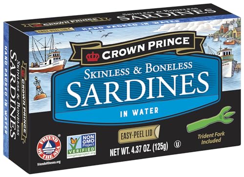 Crown Prince Skinless & Boneless Sardines in Water, EZ Peel lid w/Trident, 4.37 oz cans (Pack of 12)