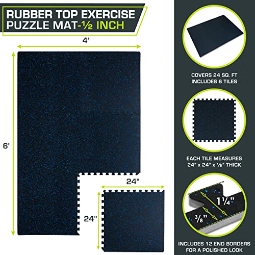 Image of ProsourceFit Rubber Top Exercise Puzzle Mat -inch, EVA Foam, Protective Interlocking Tiles for Home Gym Equipment and Workouts; Blue, 24 SQ FT, 6 Tiles