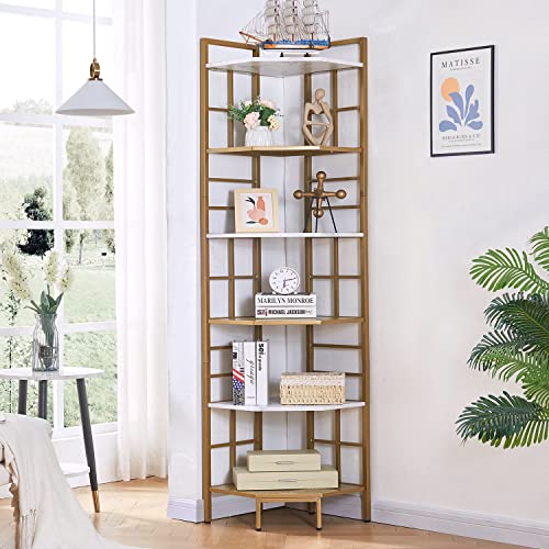 Homissue Estante de esquina industrial de 6 niveles, estante de esquina de 77 pulgadas de alto, organizador de almacenamiento, soporte de almacenamiento para oficina en casa, blanco y dorado Cover