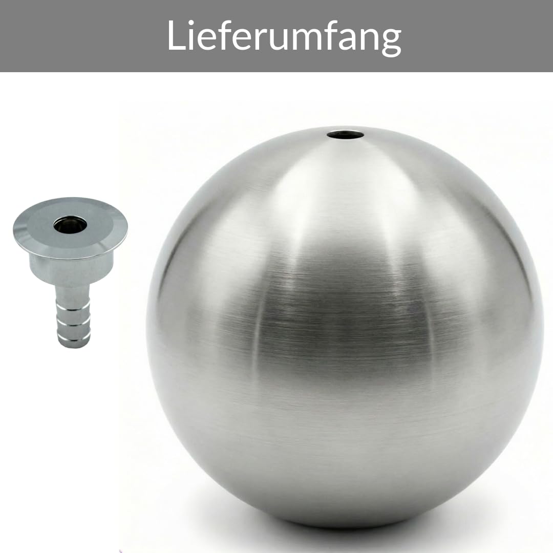 Kugelbrunnen aus matt gebürstetem Edelstahl D: 38 cm – Edelstahlkugel matt für Gartenbrunnen, Wasserspiel Garten, 30 mm Lochbohrung, 1/2 Zoll Schlauchanschluss, Edelstahlbrunnen für DIY Brunnenanlagen