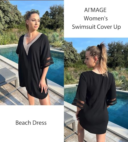 AI'MAGE Women's Swimsuit Cover Up 3/4 Bell Sleeve Loose Beachwear Deep V-Neck Bikini T-Shirt Beach Dress S-XXL3