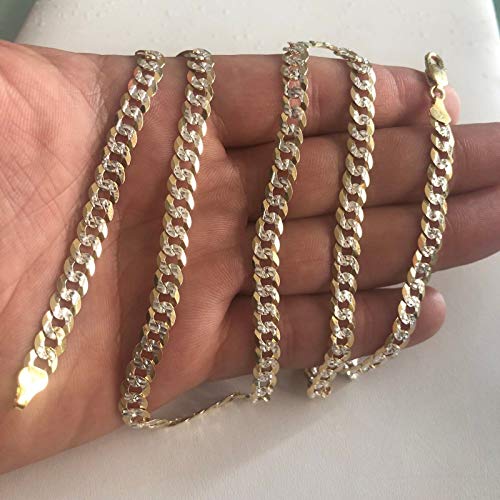 HarlemBling Men's Flat Cuban Chain Or Bracelet - 6mm - 14k Gold Over Solid 925 Sterling Silver - Made In Italy - Two Tone Diamond Cut2
