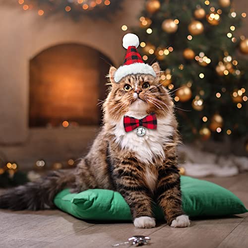 DULEFUN 3pcs Christmas Dog Costumes Classic Buffalo Plaid Xmas Dog\'s Outfit Clothes Bandana Hat Bowtie Scarf Kerchief Triangle Bib Accessories for Small Medium Dogs