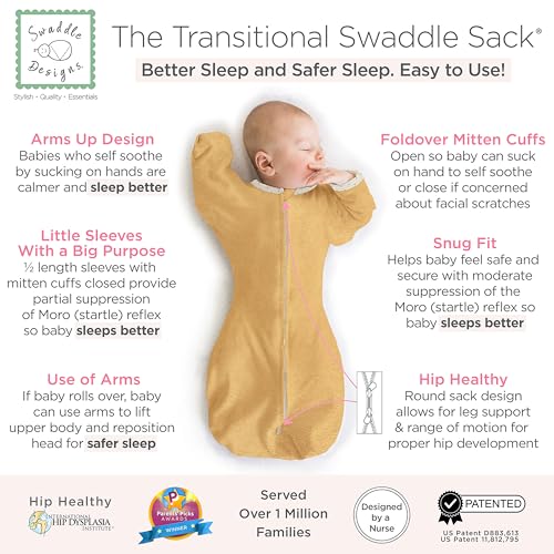 Image of SwaddleDesigns Transitional Swaddle Sack, Arms Up Half-Length Sleeve & Mitten, Most Gradual Transition Swaddle for Newborn