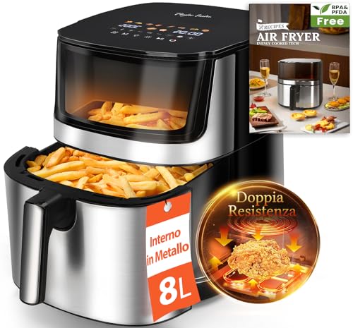 Taylor Swoden Friggitrice ad Aria 8L, 2000W Air Fryer con Doppia Resistenza e Interno in Metallo, Finestra Visibile, 10 Programmi, Senza Girare, Nero