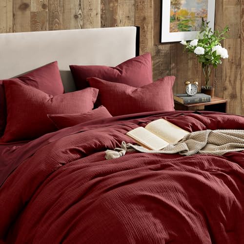 Geniospin Full Comforter Set - 7 Pieces Comforter Full Size, Solid Bedding Set for All Season, Dark Red Textured Bed in a Bag with Sheets — view 4