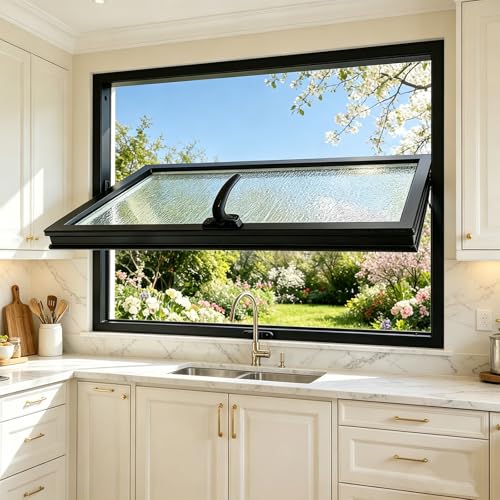 Ventana corredera giratoria 360° con vidrio templado – Manija segura empotrada, marco metálico resistente para cobertizo, garaje, baño, cocina y ventilación(Black,30x24in/76.2x61.0cm)