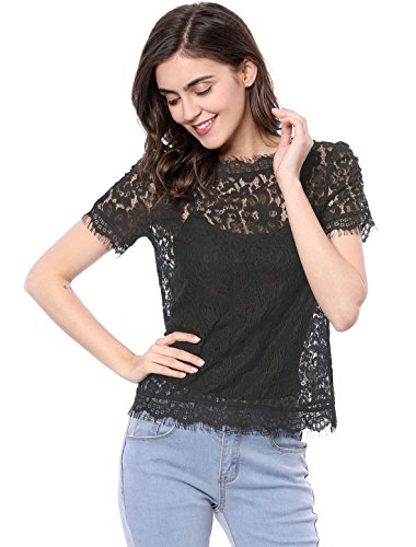 Allegra K Women's Lace Floral Scalloped Trim Short Sleeve Semi Sheer Top3