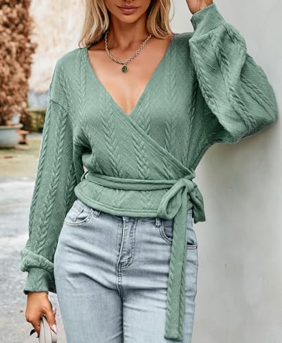 Image of ZAFUL Women's V Neck Sweater Lantern Long Sleeve Pullover Cable Knit Cross Crop Top Casual Tie Wrap Tunic Jumper Blouses