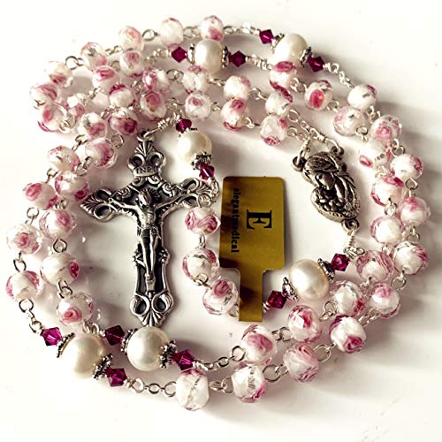elegantmedical Handmade Veluriyam Rose Beads & Pearl Beads Rosary & Italy Cross Catholic Necklace Gift Box3
