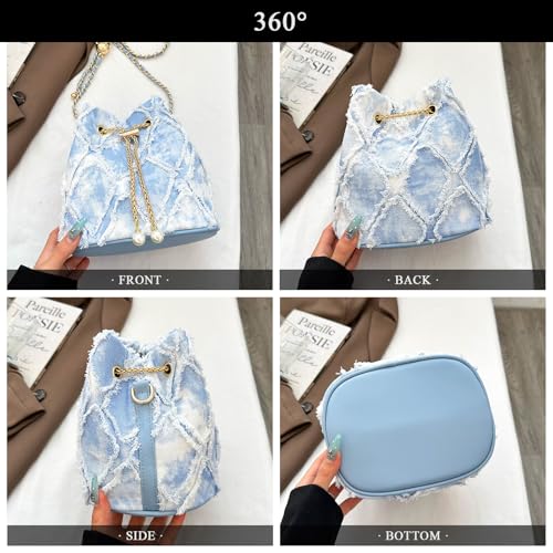 Image of Denim Bucket Bag Quilted Drawstring Jean Purses for Women Denim Clutch Hobo Bags Crossbody Handbag