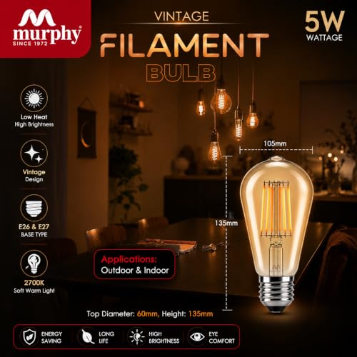 Image of Murphy 5W Vintage LED Edison Filament Bulb E27 Base | 2700K Warm Warm White | ST64 Antique Decorative Hanging Lamp | Energy Saving | 40W Equivalent | 6 Month Warranty | Pack of 1