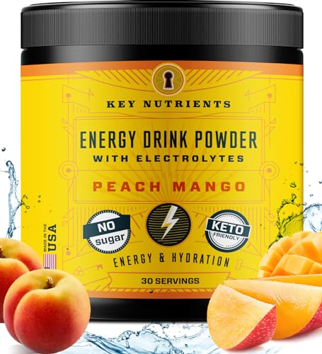 KEY NUTRIENTS Energy Drink Powder with Electrolytes No Sugar for Recovery - 125mg Natural Caffeine Powder, 2000mg Taurine, 5mg Zinc - Tropical Peach Mango Energy Powder Drink Mix, 30 Servings