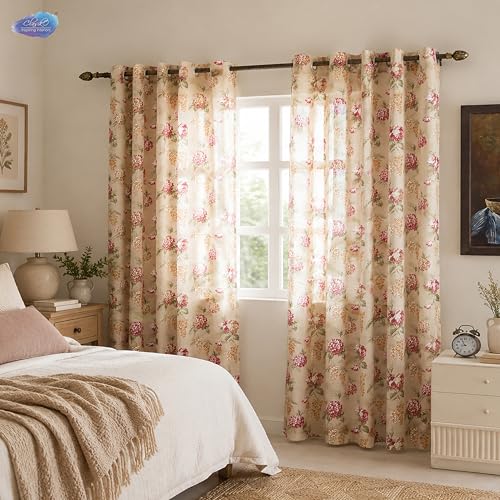 Image of Clasiko Block Print Sheer Window Curtains; 40% Light Filtering Linen Textured Curtains with Eyelets; Set of 2; 54x60 Inches / 5 Feet; Amber Bloom