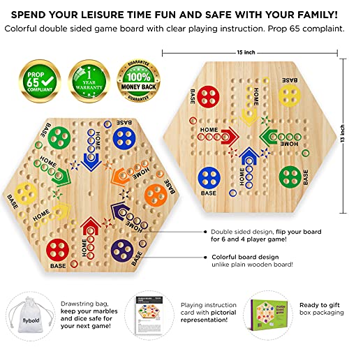 Flybold Marble Board Game - Original Wahoo Board Game - Double Sided Painted 6 And 4 Player Wooden Fast Track Aggravation Board Game Original With 6 Colors 24 Marbles 6 Dice And Velvet Draw Bag #TOP1