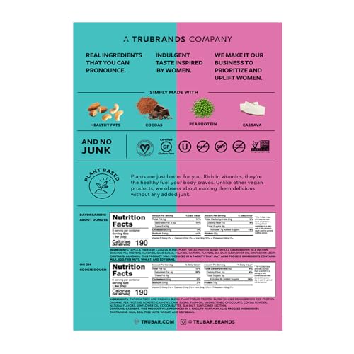 TRUBAR Vegan Protein Bar, Cookie Dough & Donut Club Pack, Gluten Free, Plant Based, High Fiber, Dairy Free, Low Fat, Non GMO, No Sugar Alcohols, 12G Lean Protein, 23G Carb, Healthy Snack Bars, 14 CT