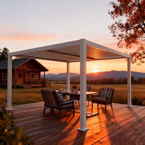 Kozyard Outdoor Louvered Pergola 10ft x 12ft Pergola Sun Shade All-Weather Aluminum Packing Shelter with Drainage System and Adjustable Roof Waterproof for Outdoor Poolside Deck Patio Garden Yard