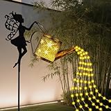 Solar Light Watering Can with Fairy Garden Decor, Solar Powered Metal Statues with Cascading Lights for Lawn, Pathway, Garden Decoration, Waterproof, Ideal Gift for Outdoor Decor（Warm White）