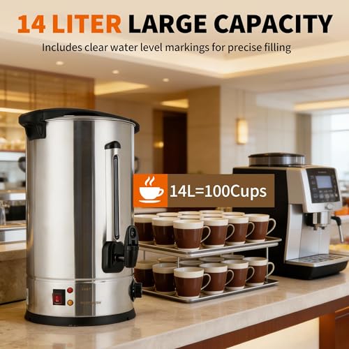 Image of 14 L /100 Cups Coffee Urn, Commerical Coffee Maker Hot Water Urn, Large Percolator Pot Dispenser With Double-Wall Stainless Steel, Quick Brew, Stays Hot for Tea & Beverage at Events & Catering(Silver)