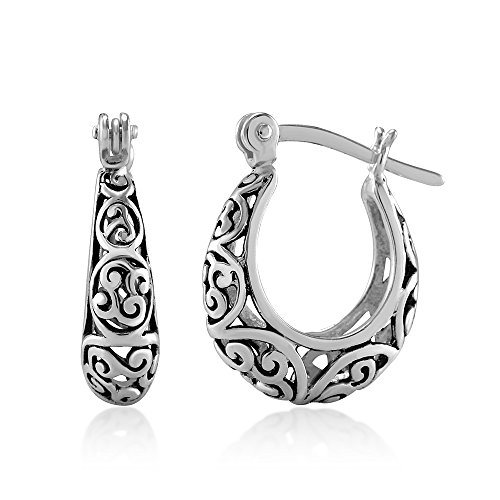 Chuvora 925 Oxidized Sterling Silver Bali-Inspired Open Filigree Hoop Post Earrings