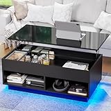 HOMMPA 40" Modern LED Coffee Table with Storage for Living Room, Lift Top Coffee Table with 2 Shelves, High Glossy Wooden Dining Table, Multifunctional Furniture for Bedroom Home Office, Black