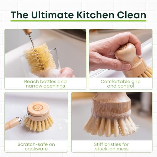 Image of Tieralia Bamboo Dish Brush Set 5 Piece - Eco Friendly Kitchen Cleaning Kit with Bottle Brush, Long Dish Brush, Palm Scrubber & 2 Plant-Based Sponges | Plastic-Free Natural Dish Scrubber