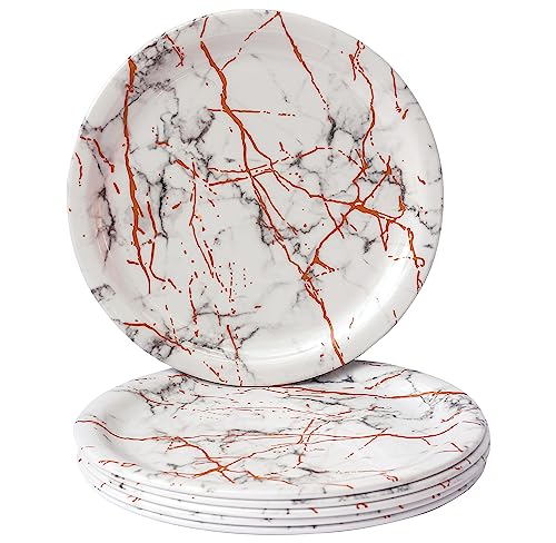 Image of Melamine Dinner Plates Set of 6, 11 Inch Round Full Serving Plates, Lightweight, Break Resistant, Dishwasher Safe, Food Grade - White Marble Design