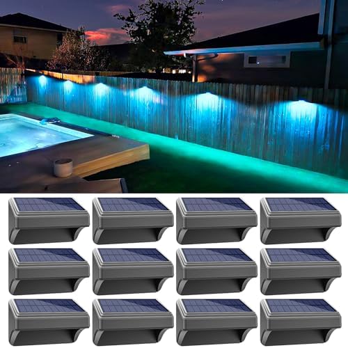 Aulanto 12 Pack Solar Fence Lights, IP65 Waterproof Outdoor Lights with Warm White and RGB Color Modes for Backyard, Garden, Wall, Deck, Stairs