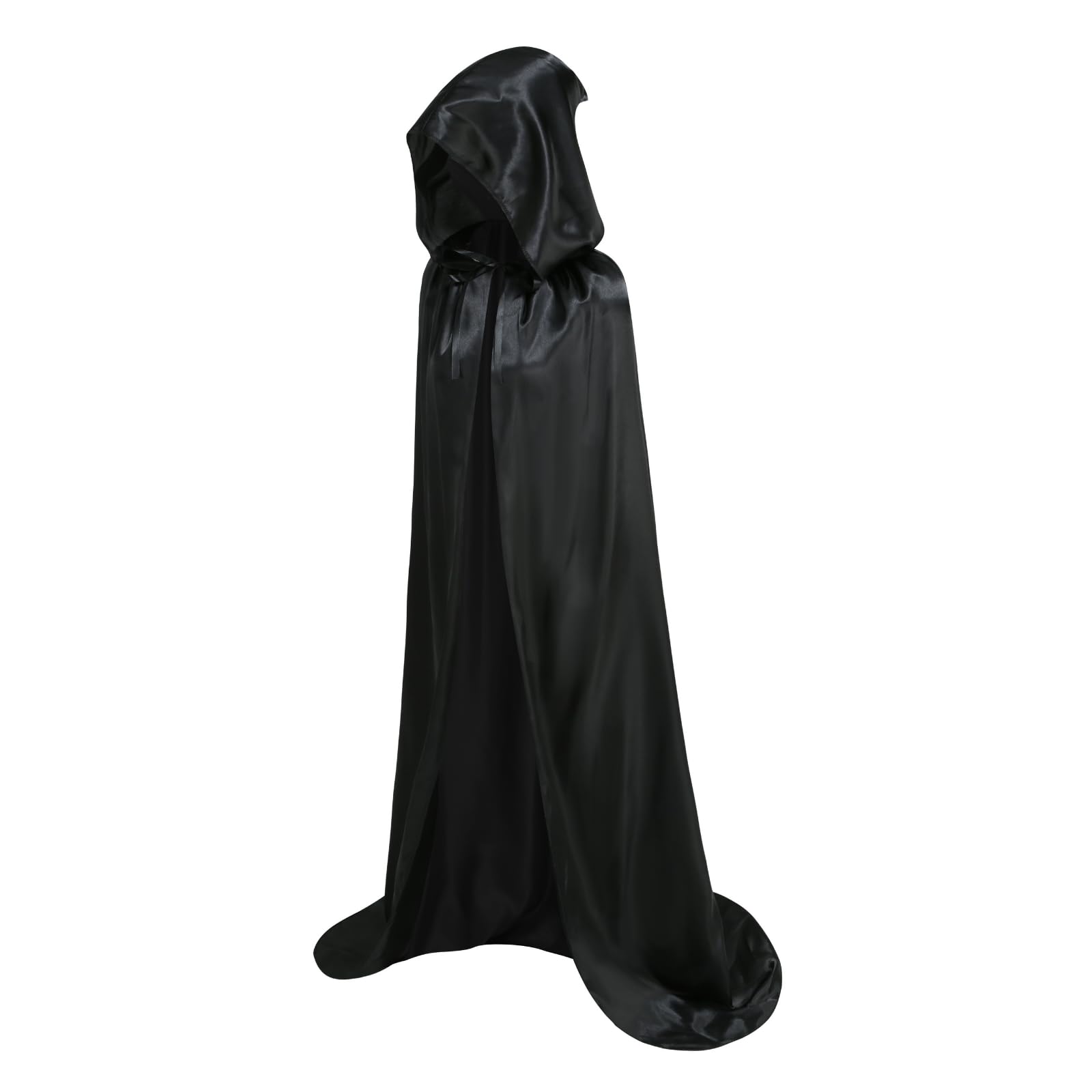 RRCBMD Adult Satin Cloak Long Unisex Hooded Black Cape 2PCS with Sickle Accessories Men Women Medieval Coat Halloween Christmas Coaplay Satin Costume 43.3Inch