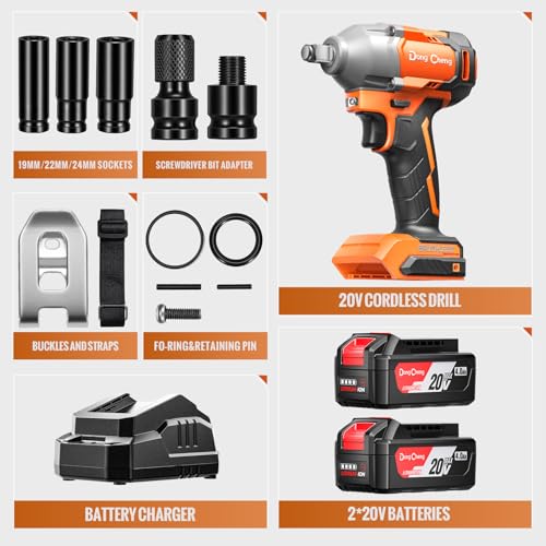 Image of Dong Cheng 20V Brushless Cordless Impact Wrench Kit, 380W Motor, 300N.m Max Torque, Working Modea (210 /300N.m), 2x4000mAh Batteries + Fast Charger, Auto Stop Reverse, LED Work Light