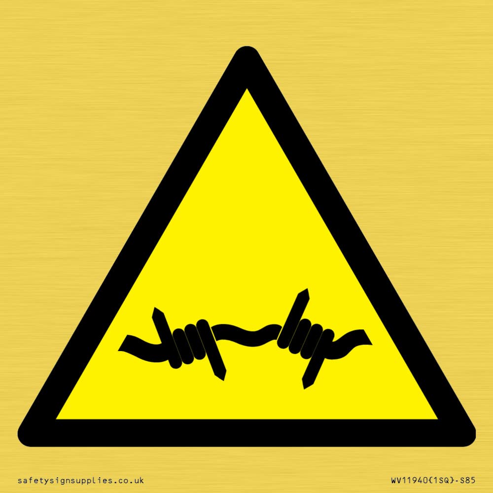 W033 Warning: Barbed wire Sign - 85x85mm - S85