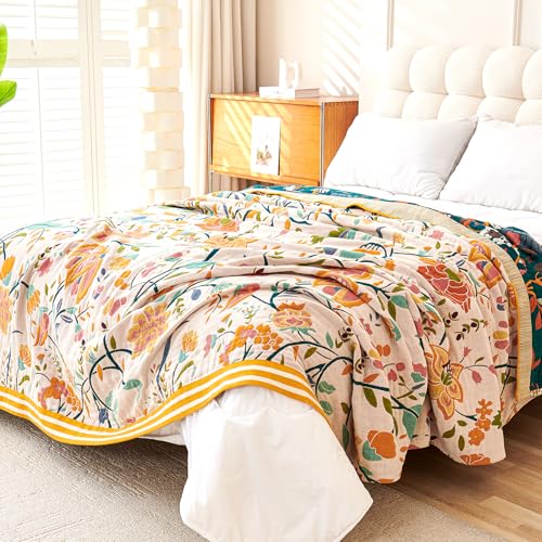 Boho Throw Blanket, 100% Organic Cotton Breathable Ultra Soft 91" x 98" Bed Quilt Throw - All Season Floral Rustic Farmhouse Decor Luxury Reversible Blanket for Sofa Couch Chair and Gift