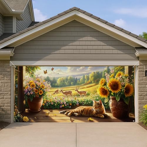 Nature Scene Garage Door Cover, Scenic Summer Landscape with Cats and Flowers Large Garage Door Decorations, Outdoor Home Decor for All Seasons 157x71 Inch