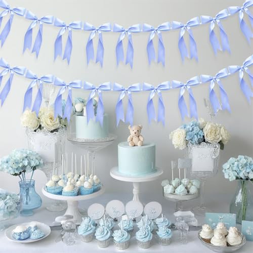 Image of 2pcs Bow Garland Banner Ribbon Bow Party Decorations for Baby Shower Decor Tying The Knot Girls Bow Coquette Birthday Party Decoration (Blue)