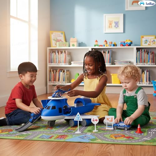 Image of FunBlast Police Airplane Toy Set - Big Aircraft with 4 Police Vehicles, Helicopter, Road Signs & Cones, DIY Firefighter Playset for Kids, Educational Role Play Toy for Boys & Girls (Blue)
